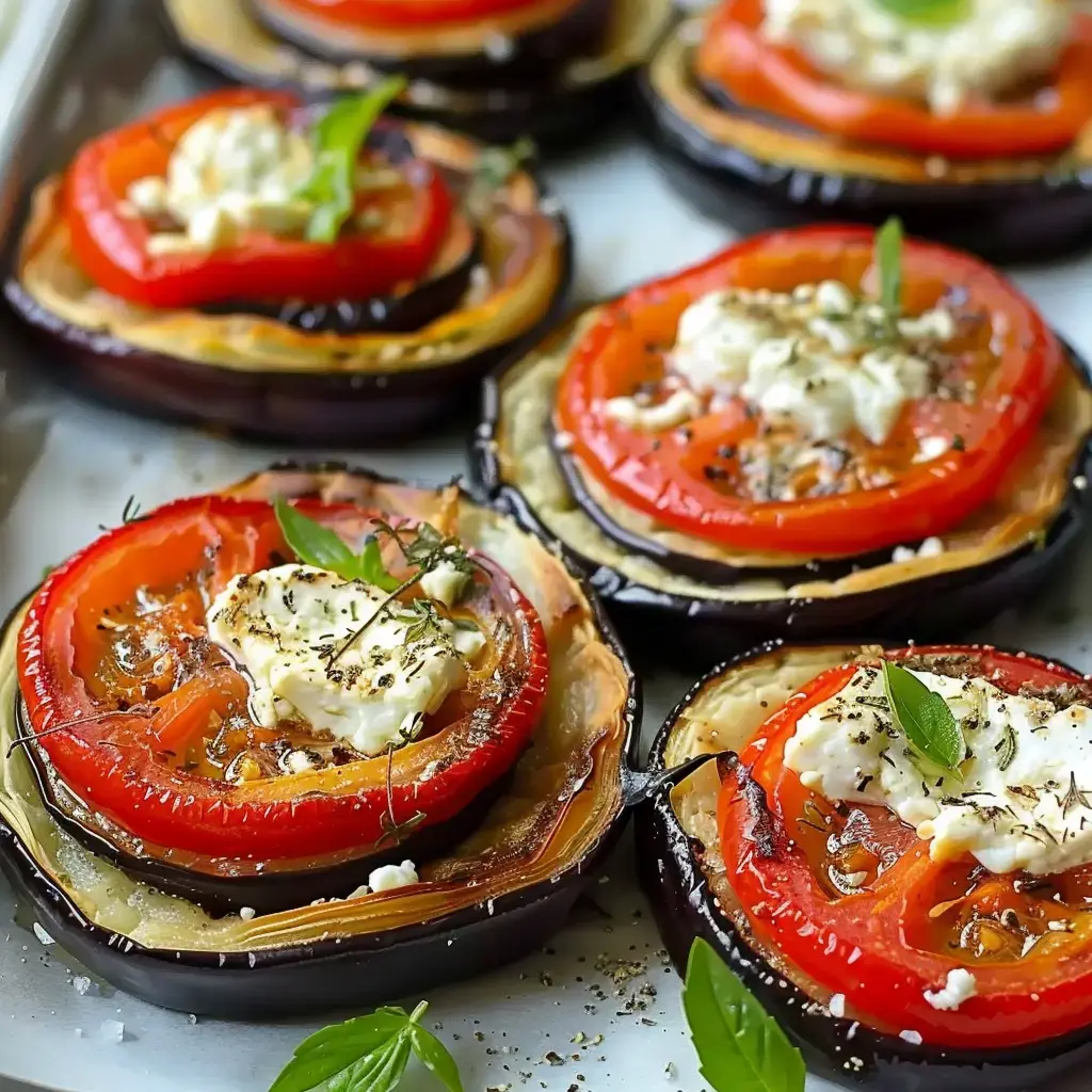 Tartelettes aux aubergines rôties, tomates et fromage de chèvre agrémentées d'herbes méditerranéennes sur un plateau.