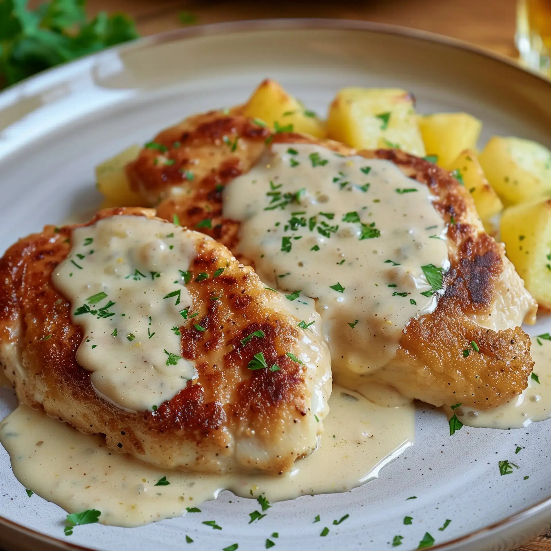 Plat gourmand de poulet nappé de sauce au fromage, décoré de persil et servi avec des pommes de terre croustillantes.
