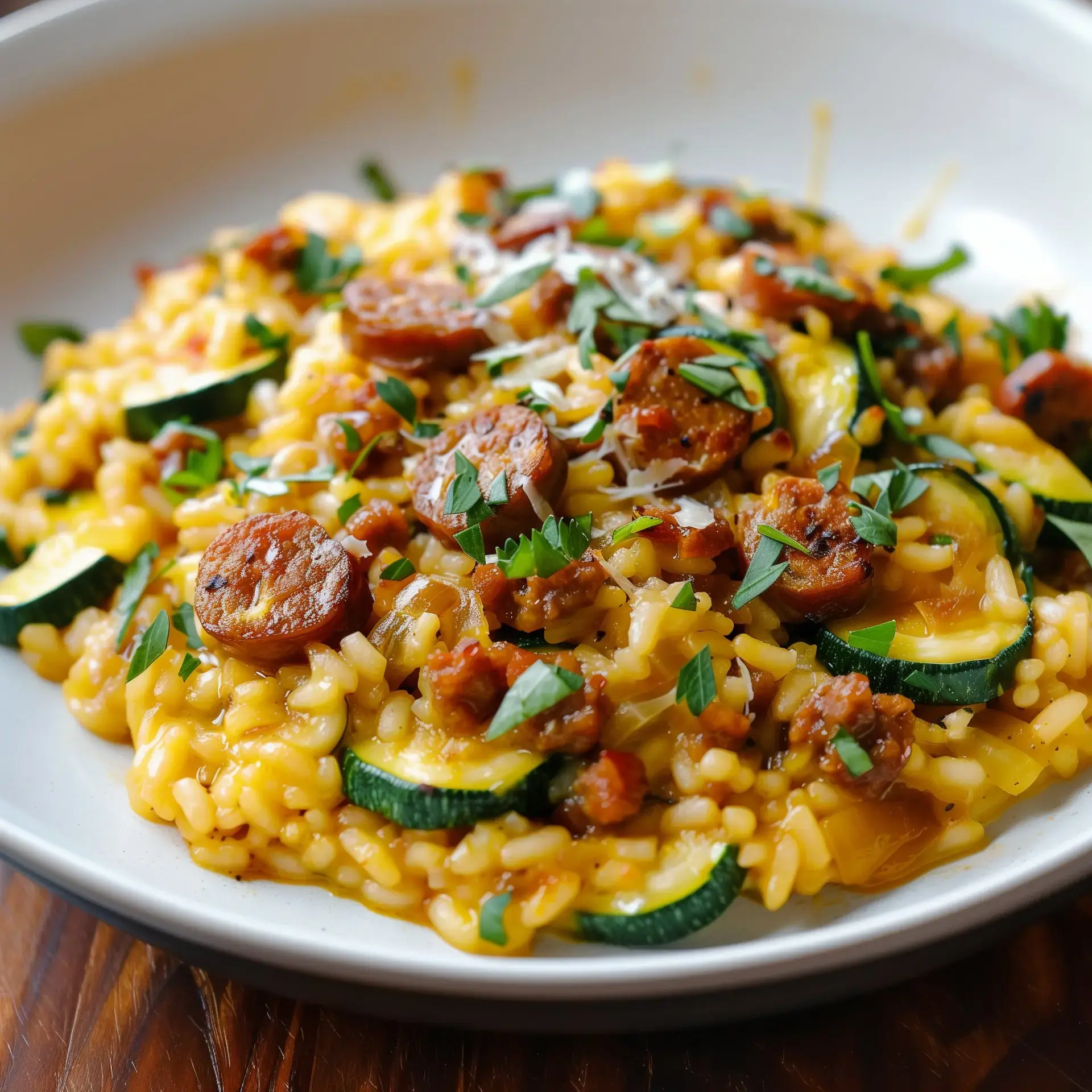 Un plat savoureux de riz crémeux avec légumes frais et saucisses épicées.