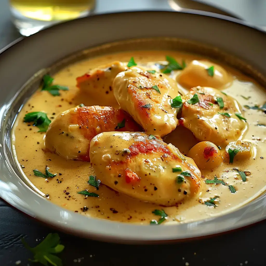 Des gnocchis nappés d'une sauce crémeuse, servis avec des épices et du persil.
