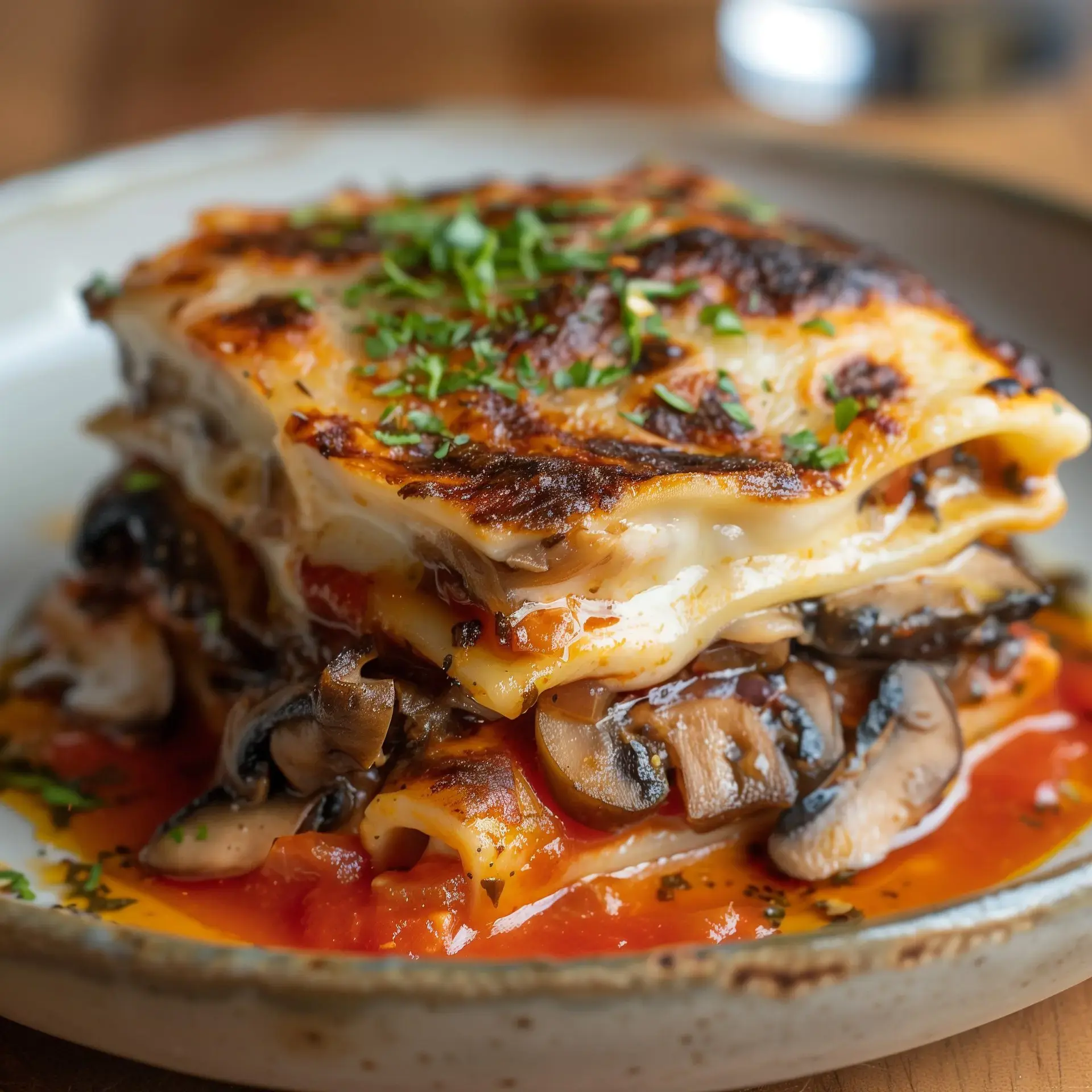 Plat garni de champignons, sauce tomate et fromage, présenté avec soin en portions généreuses.