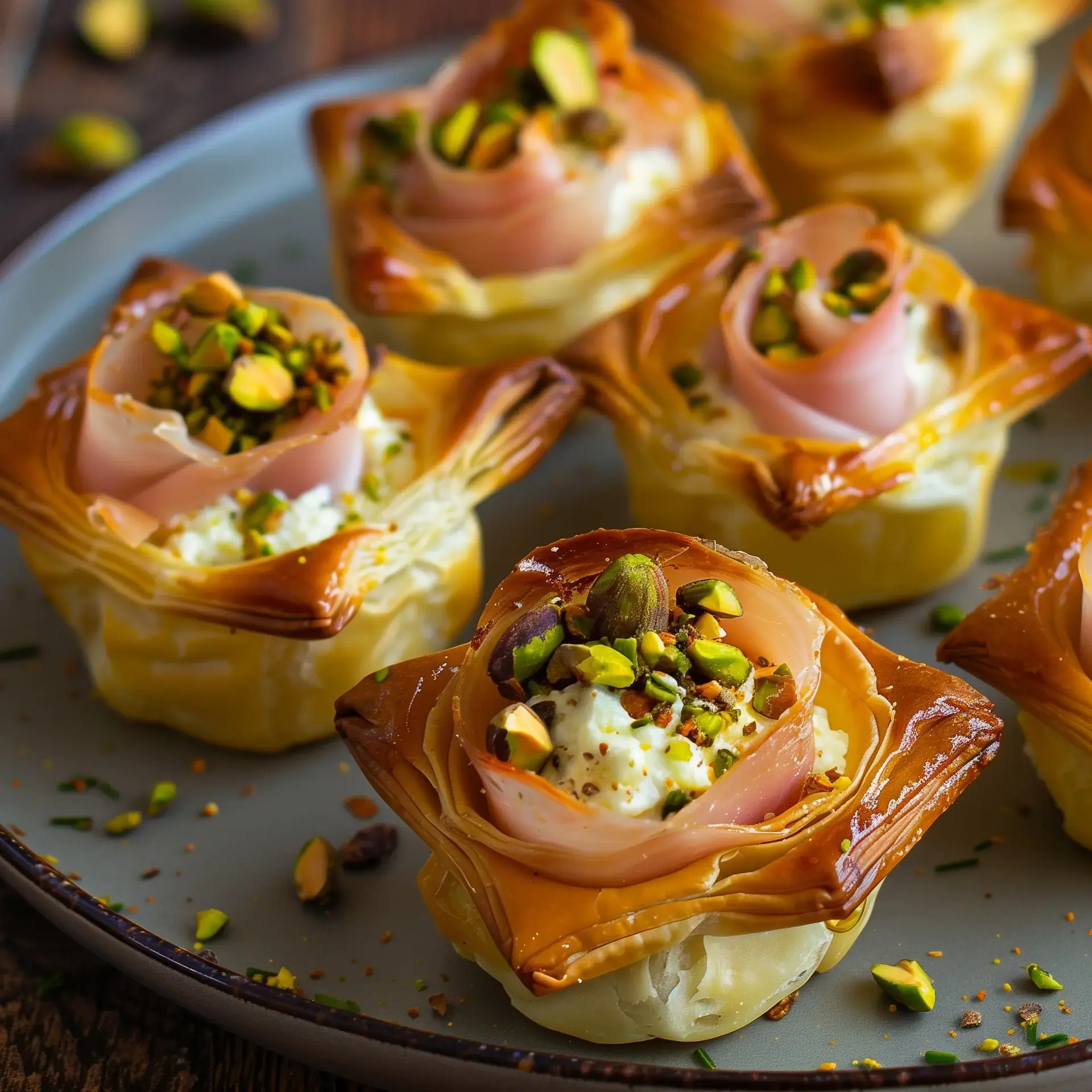 Petits feuilletés au fromage et jambon garnis de pistaches.