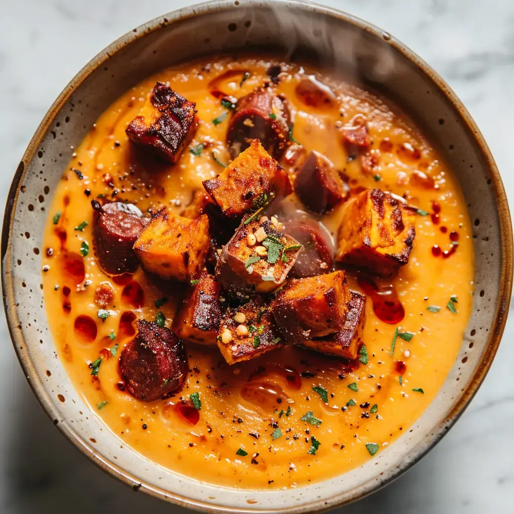 Bol de velouté onctueux avec morceaux dorés de patate douce et chorizo, parsemé de coriandre et d'épices.