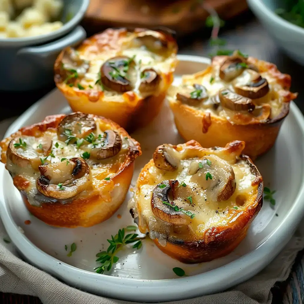 Quatre plats garnis de champignons gratinés fondants avec une touche de thym, joliment présentés sur une assiette blanche.