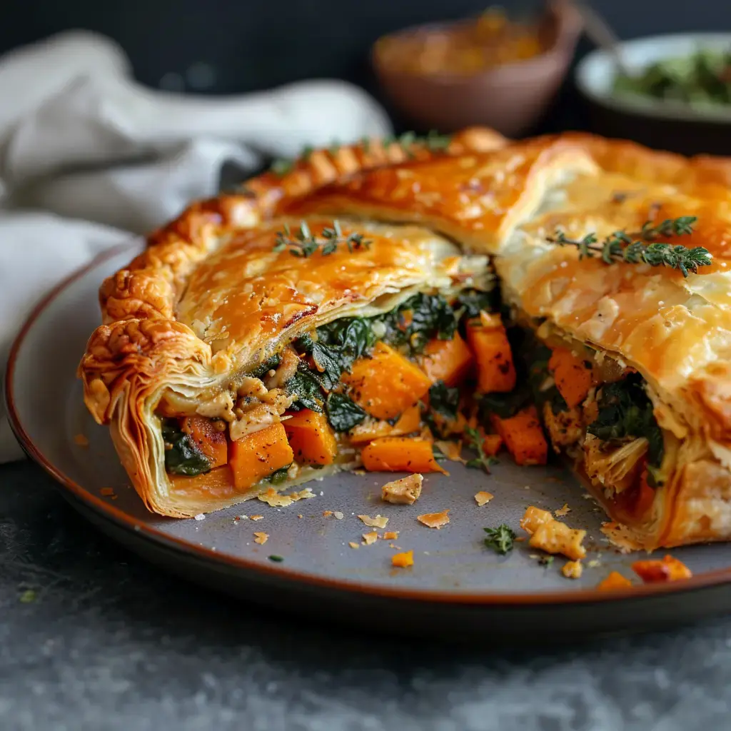 Tourte gourmande avec des légumes colorés et épices, un moment à partager.