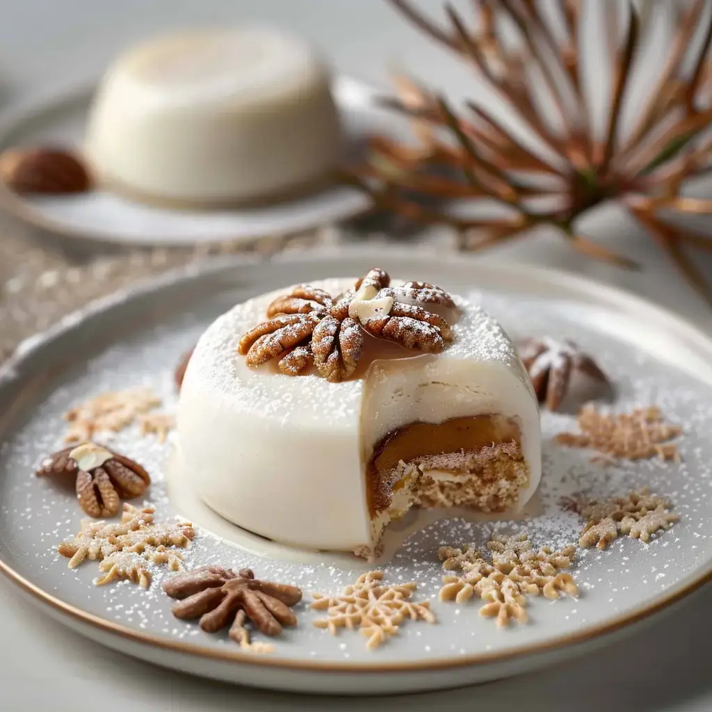 Une douceur chic en couches mousse et caramel, habillée de noix de pécan avec décor enneigé en sucre.