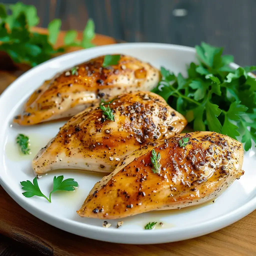 Poulet assaisonné et juteux présenté dans une assiette blanche avec persil.