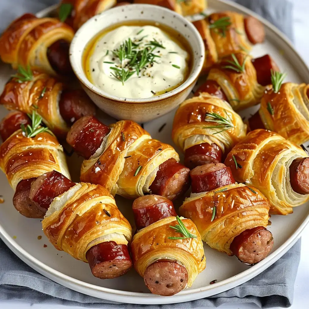 Saucisses dans une pâte croustillante accompagnées d'une coupelle de sauce crémeuse et d'huile.