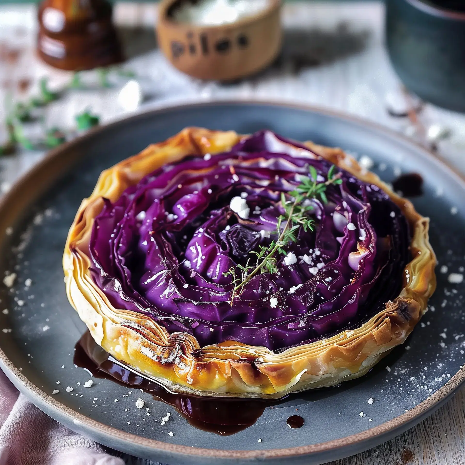 Tarte façon rose avec chou rouge caramélisé, fromage parsemé et branches de thym, servie dans une assiette.