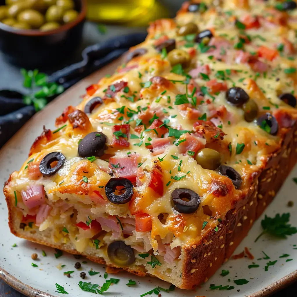 Une tranche garnie de jambon, olives vertes et noires, avec fromage fondu et persil.