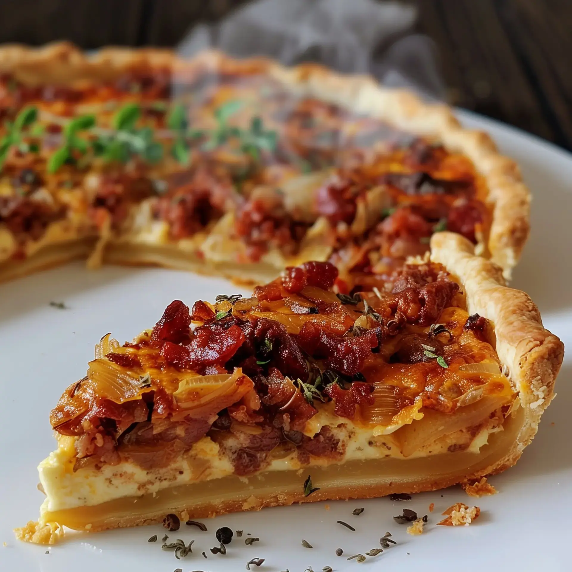 Une part croustillante de tarte d’oignons et chorizo, joliment servie sur une assiette.
