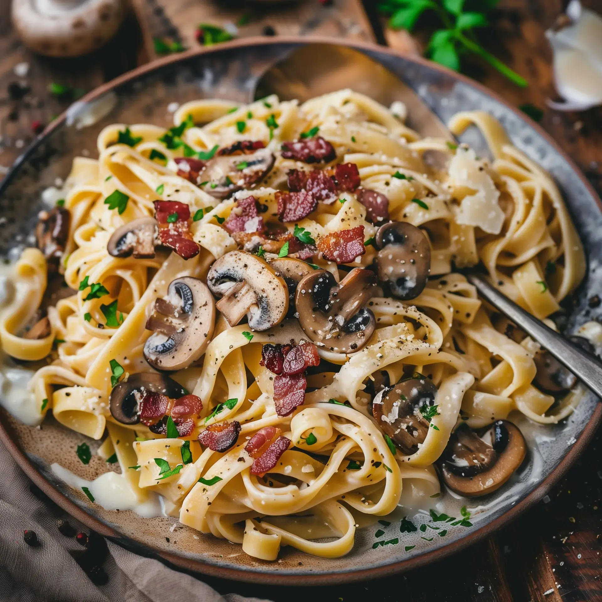 Plateau de pâtes onctueuses aux champignons et lardons, parsemées de persil frais et de fromage.