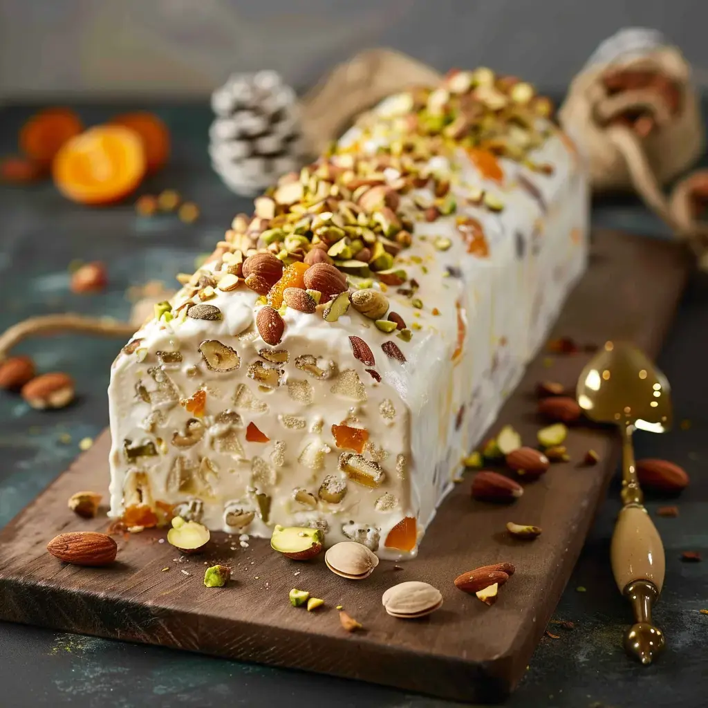 Un dessert glacé posé sur une planche, orné de pistaches, fruits secs et des touches jaunes.