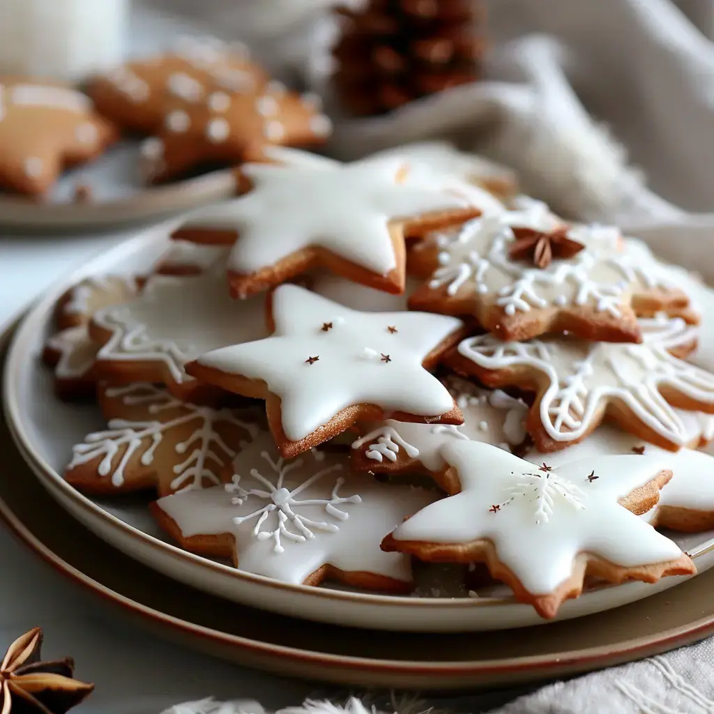 Des gâteaux en étoile et flocon décorés de glaçage blanc et motifs élégants sur une assiette festive.