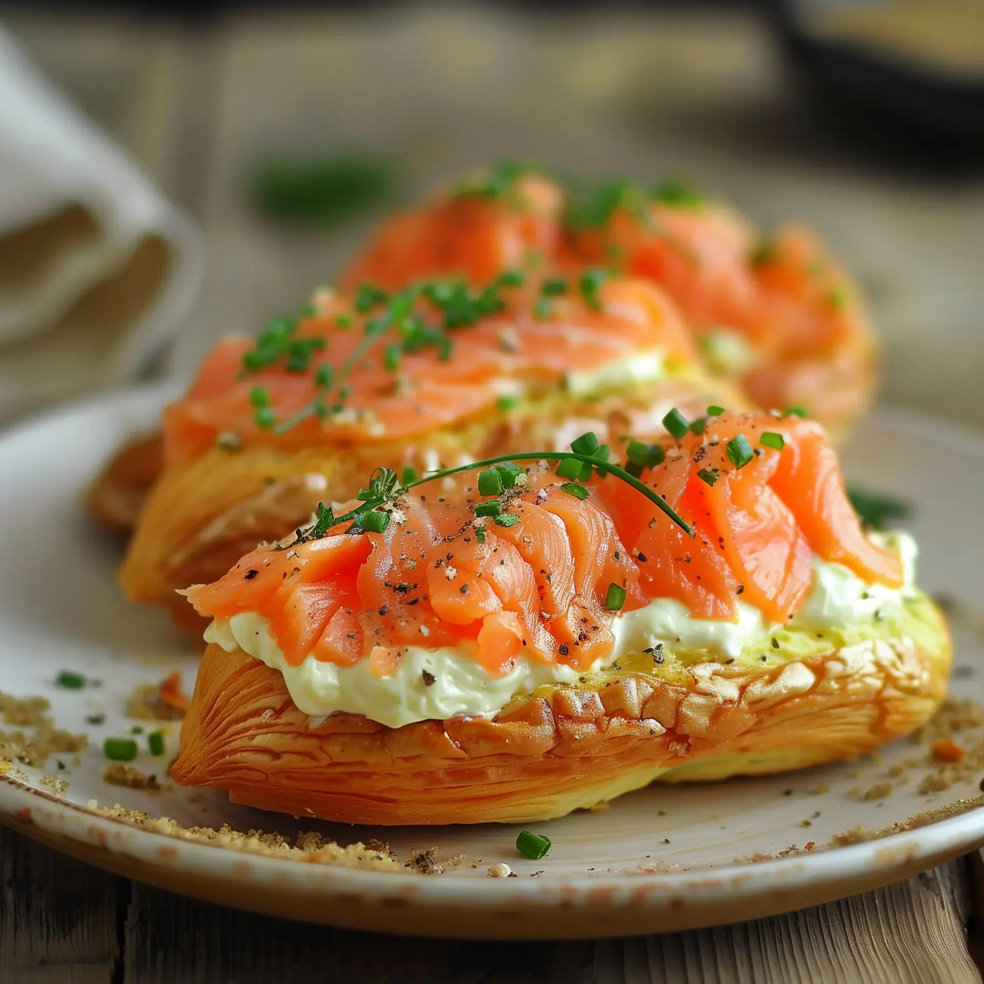 Éclairs farcis au saumon fumé et fromage avec des herbes fraîches.