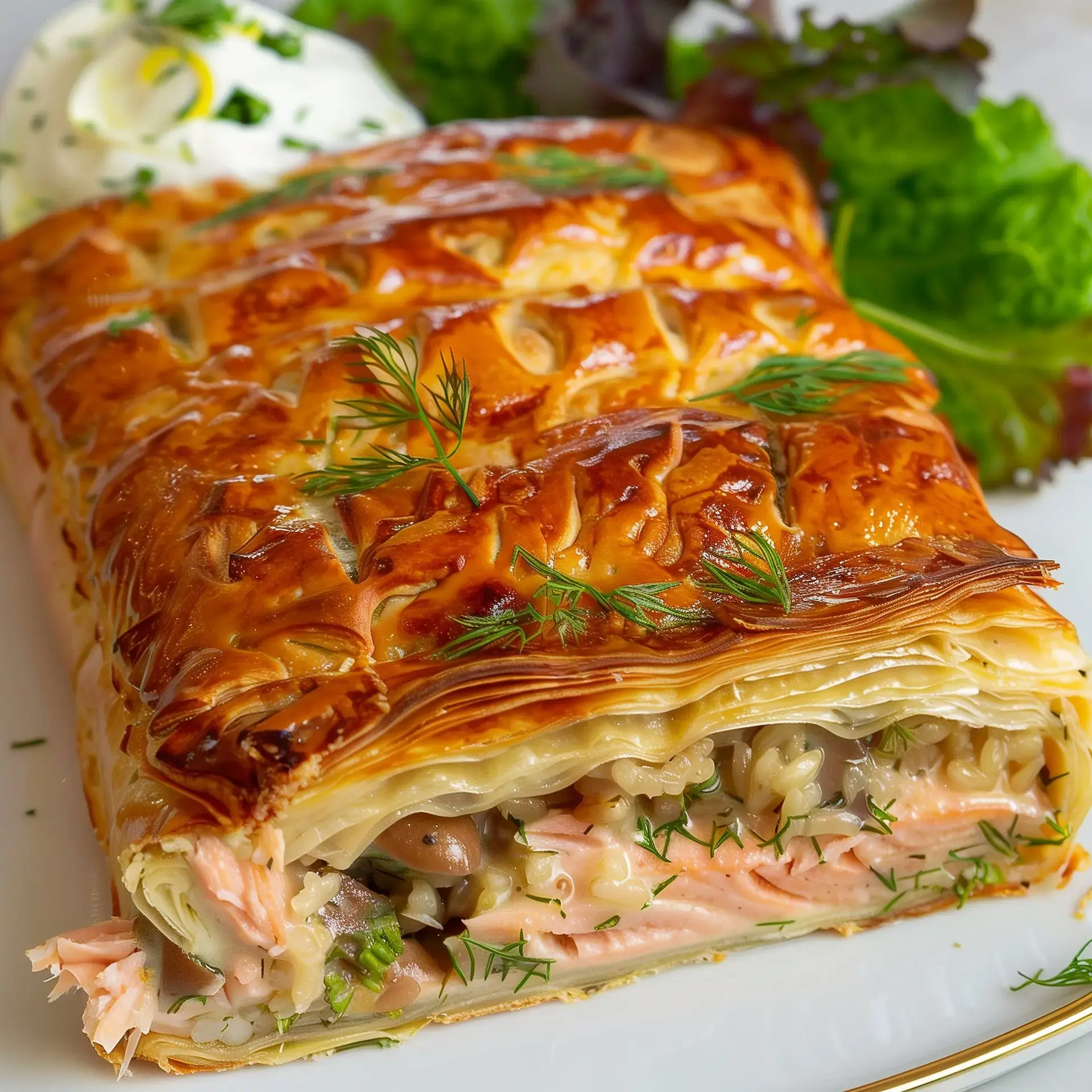 Tourte feuilletée remplie de saumon et légumes, accompagnée de salade et d'une cuillerée de sauce.
