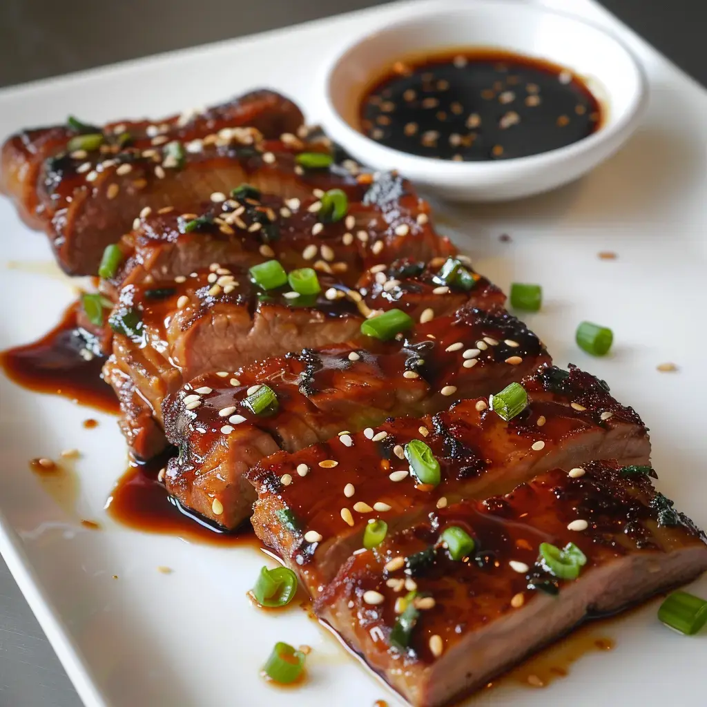 Des tranches de viande marinée, garnies de graines de sésame et d'oignons verts, accompagnées d'une sauce brun foncé.
