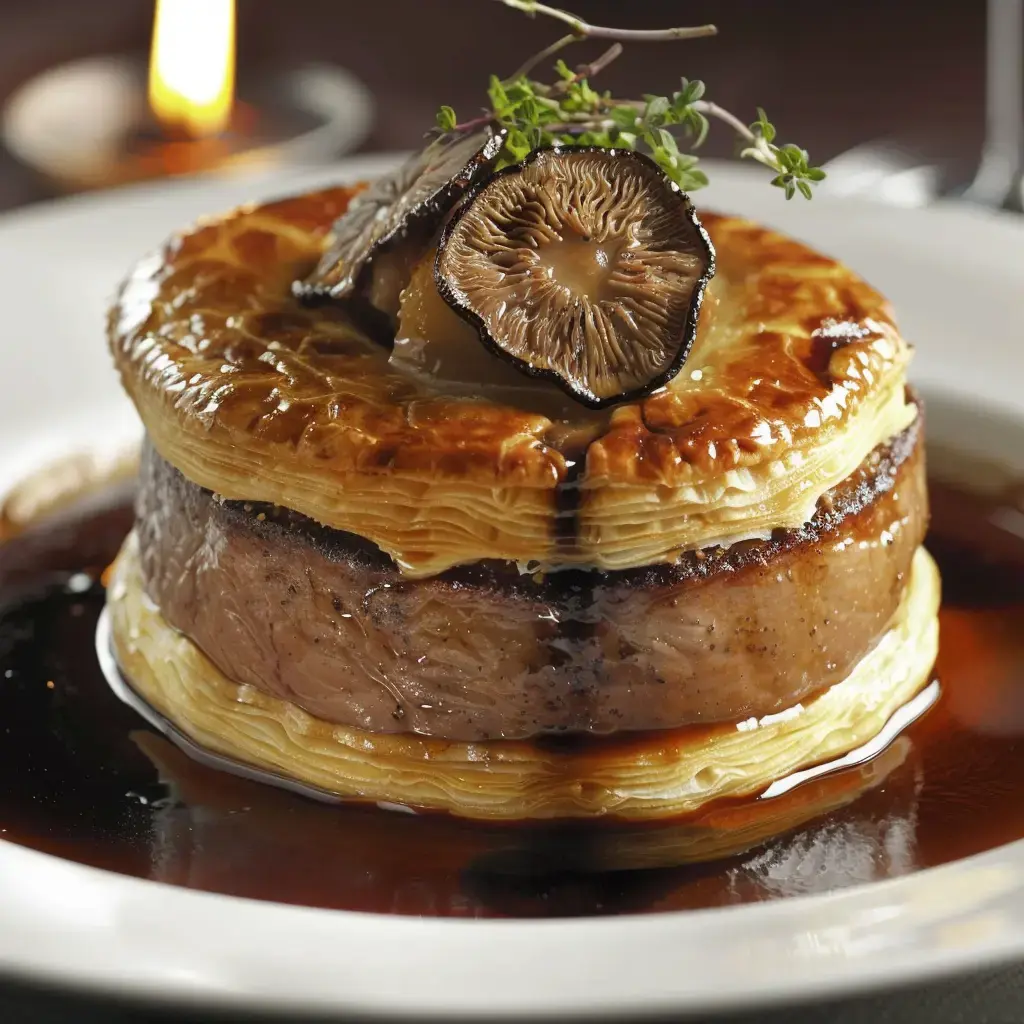Mignon en croûte sur assiette, accompagné de sauce et champignons.
