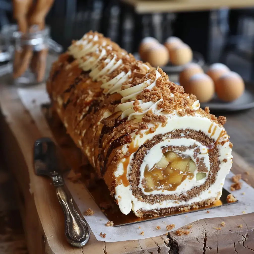 Un roulé avec crème, morceaux de pomme, nappé de caramel et de miettes dorées croquantes.