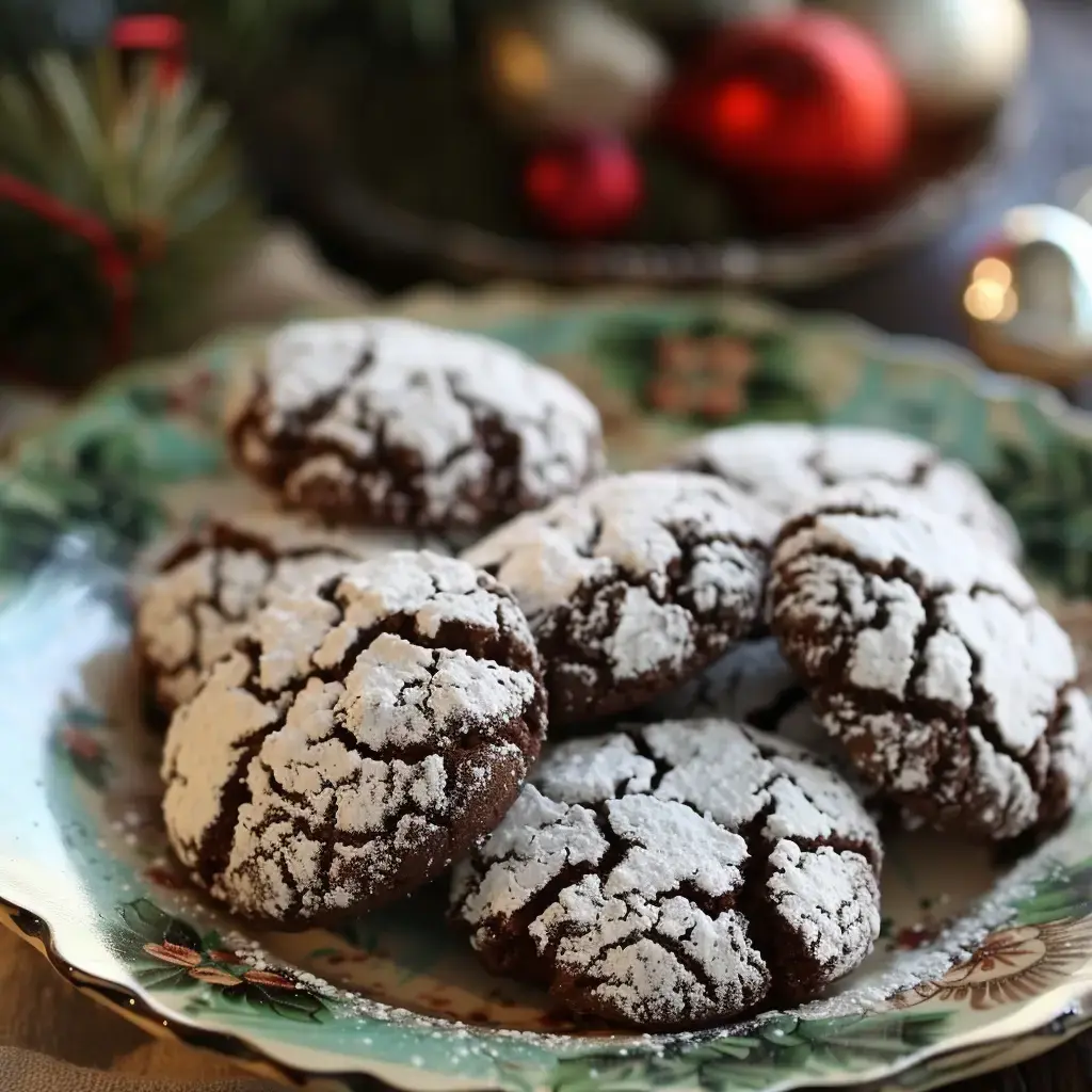 De délicieux biscuits chocolat craquelés, saupoudrés de sucre glace, joliment présentés sur une assiette avec une ambiance festive en arrière-plan.