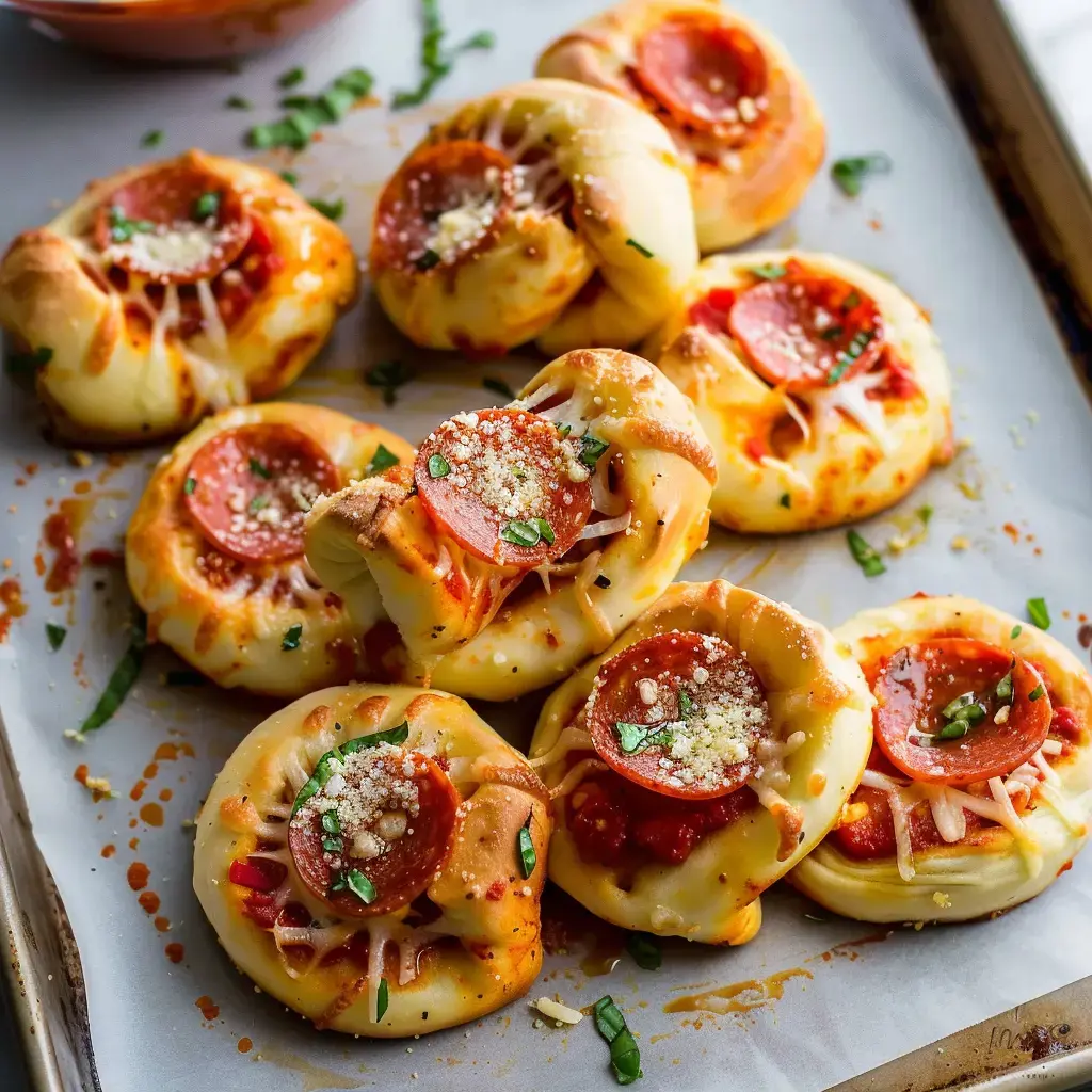 Roulés garnis de sauce tomate, pepperoni et fromage fondu sur un plateau.