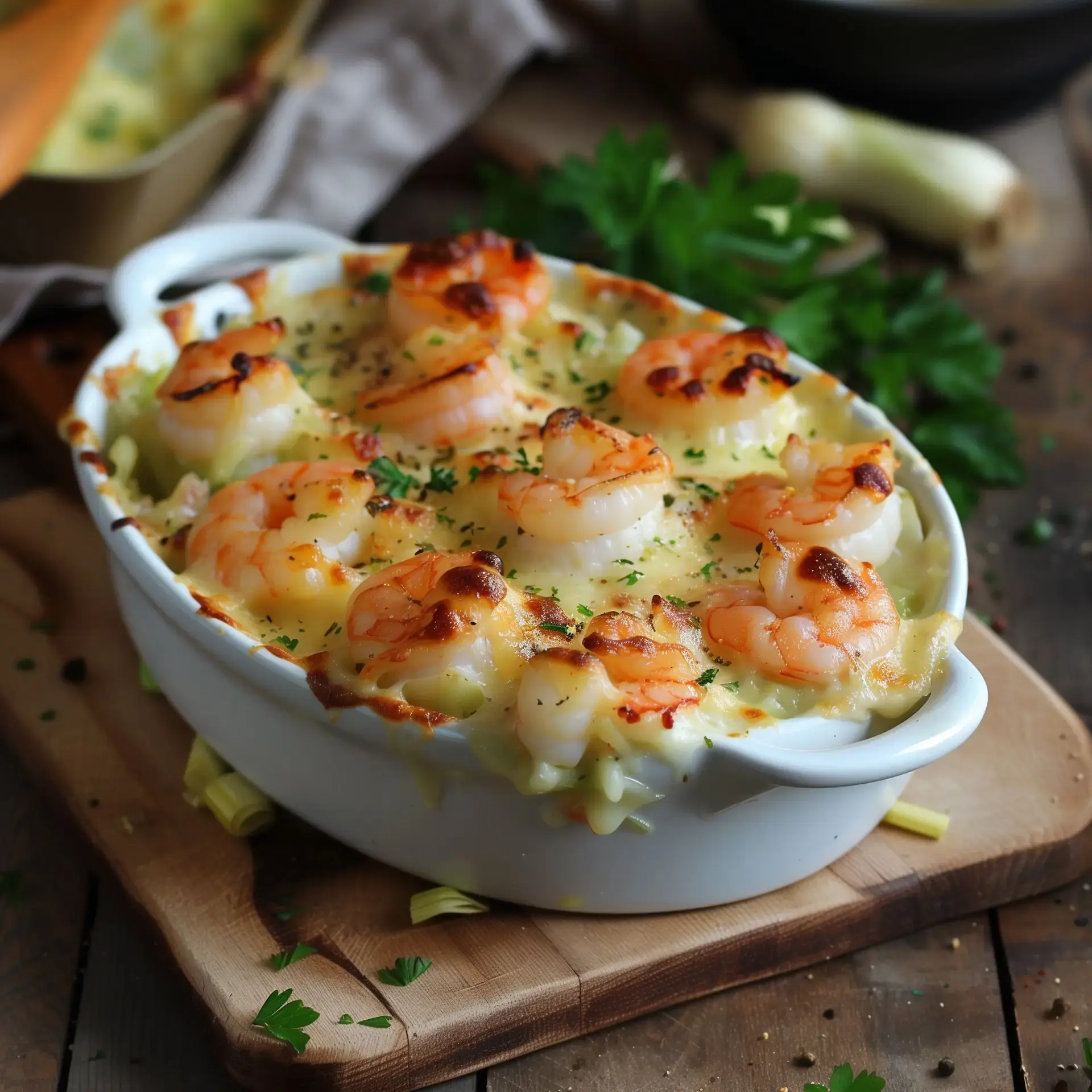 Gratin de crevettes avec fromage doré et persil frais.
