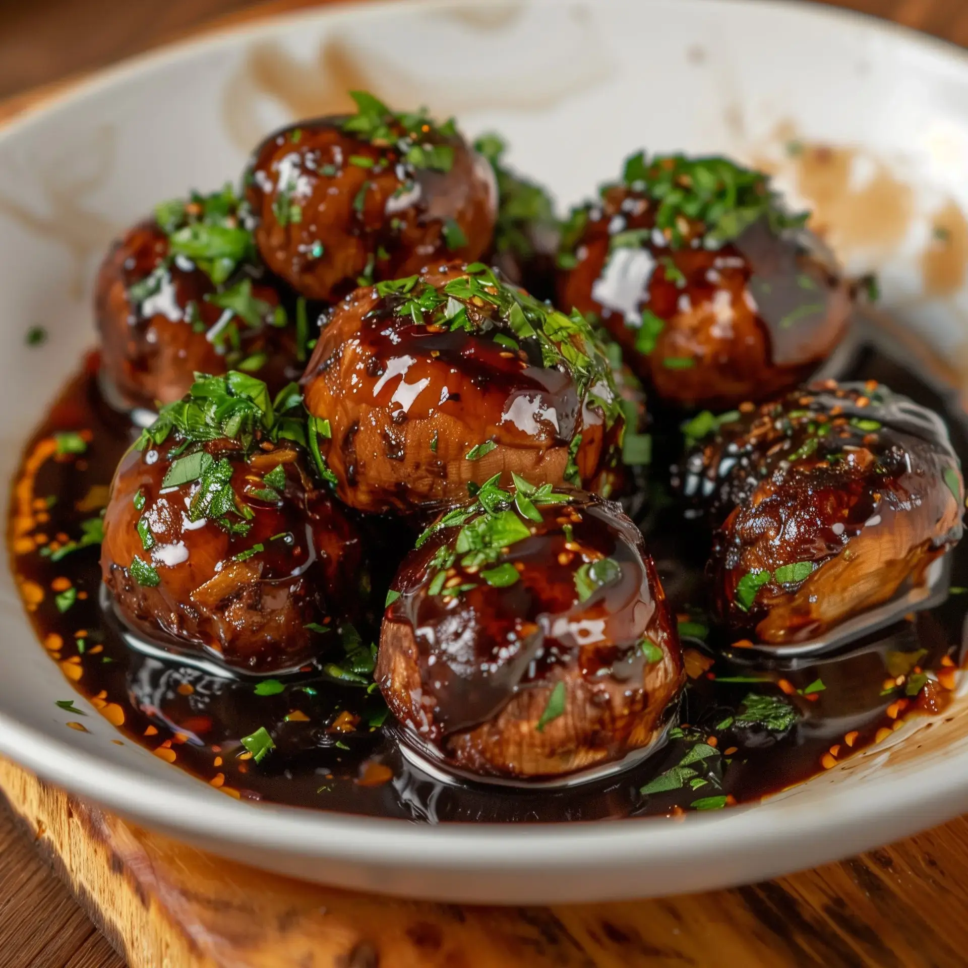 Bol de champignons nappés d'une sauce sombre, décorés de ciboulette ciselée.