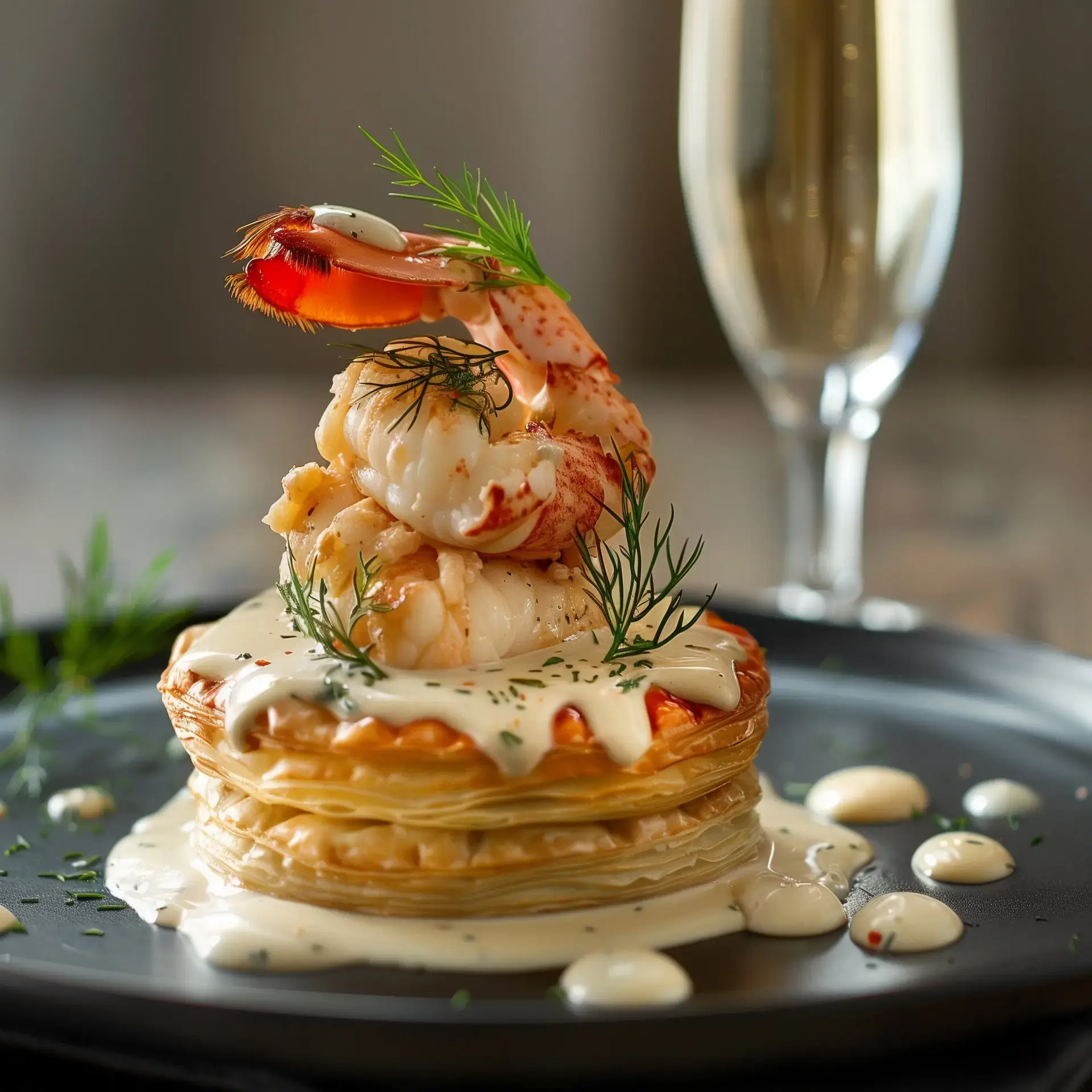 Un plat raffiné avec des feuilletés garnis de homard et nappés de sauce au champagne, décoré de brins d’aneth, accompagné d’un verre de champagne.