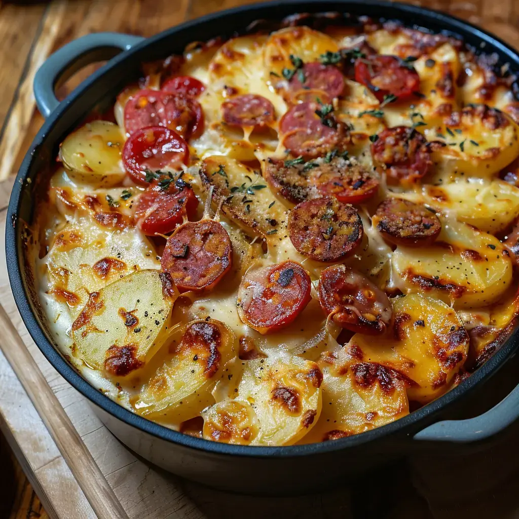 Plat de pommes de terre et chorizo gratiné au fromage, bien doré dans une cocotte.
