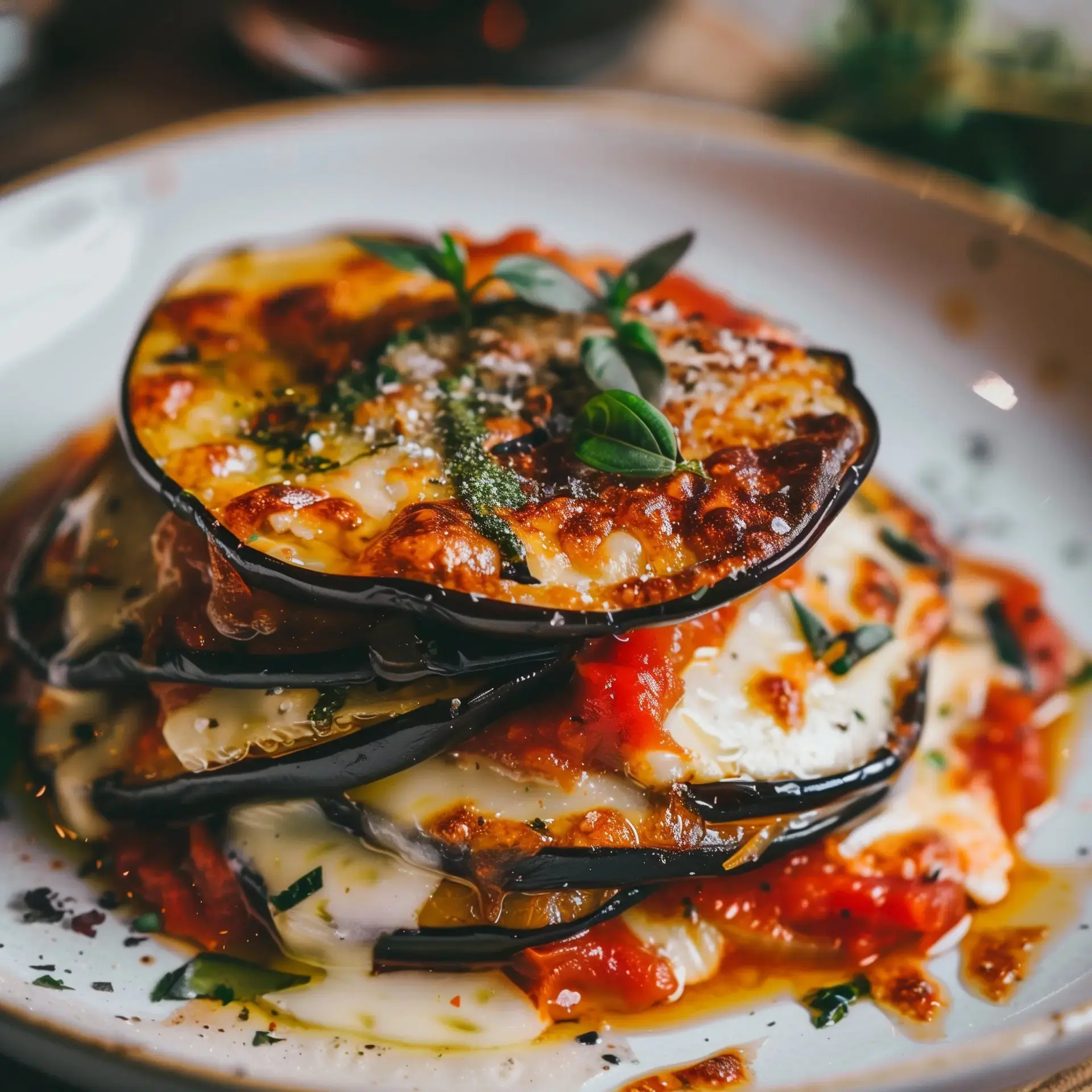 Gratin d'aubergines avec sauce tomate et fromage fondant, décoré de feuilles de basilic.