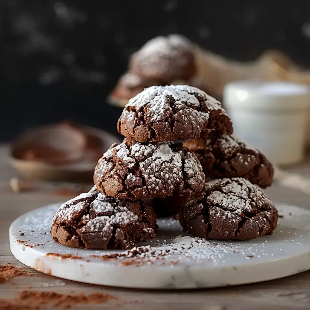 Petits biscuits au chocolat craquelés, superposés sur une assiette en marbre et saupoudrés de sucre glace.