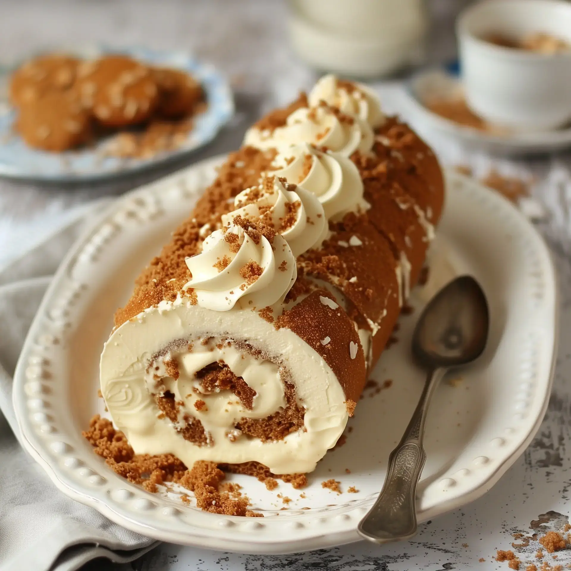 Un dessert roulé garni de crème et parsemé de morceaux de biscuits, présenté sur un joli plat.