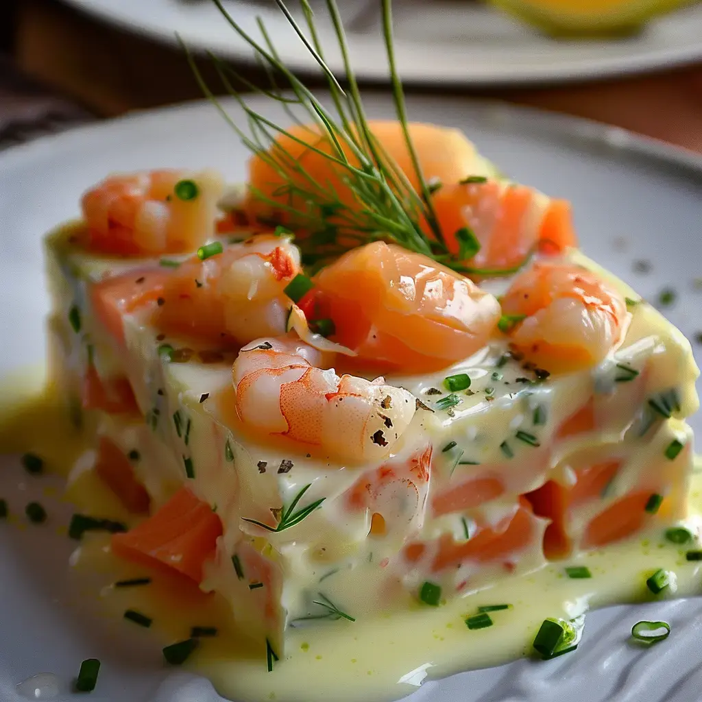 Terrine de poisson avec une touche d'aneth et de ciboulette, accompagnée d'une sauce crémeuse.