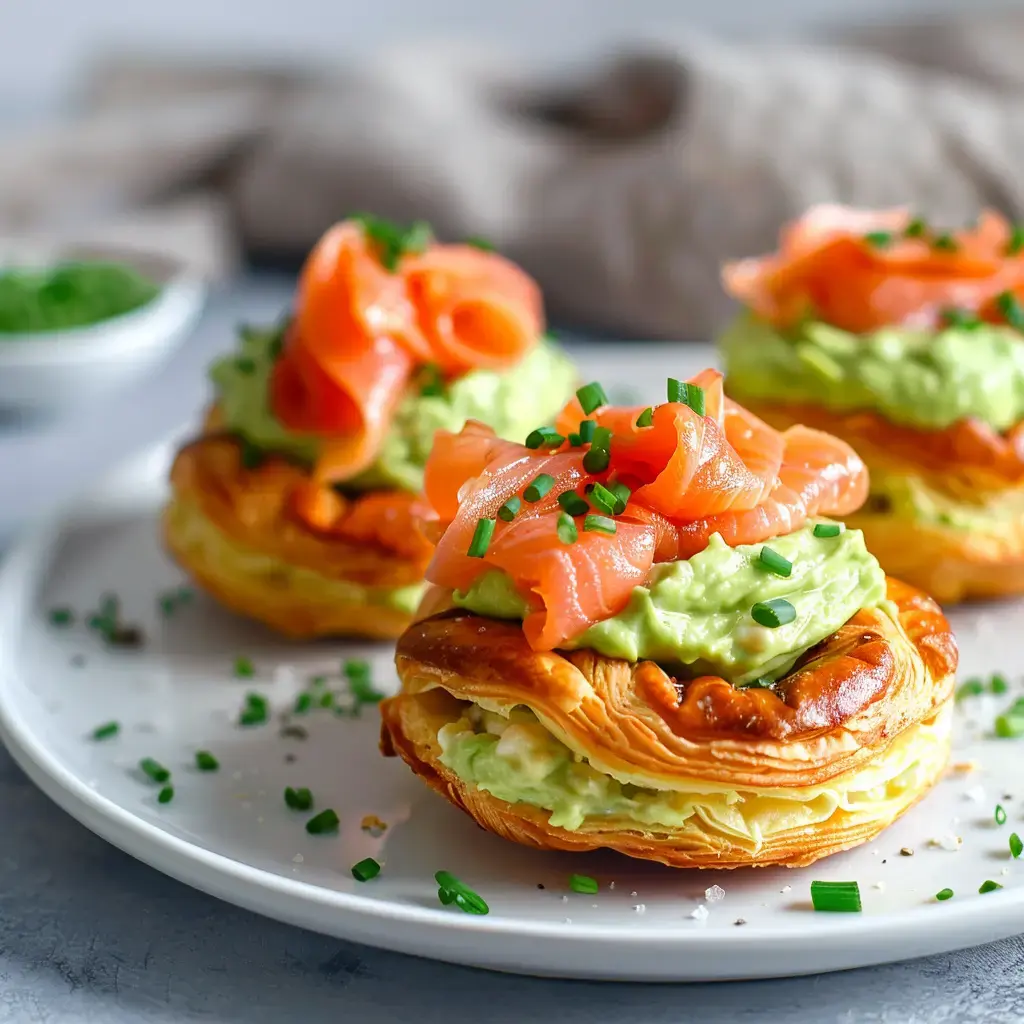 Petits choux fourrés avec une crème d'avocat et des morceaux de saumon fumé, décorés de ciboulette sur une assiette blanche.