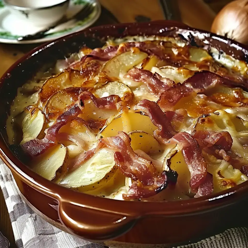 Des pommes de terre gratinées au bacon servis dans un plat rustique en céramique.