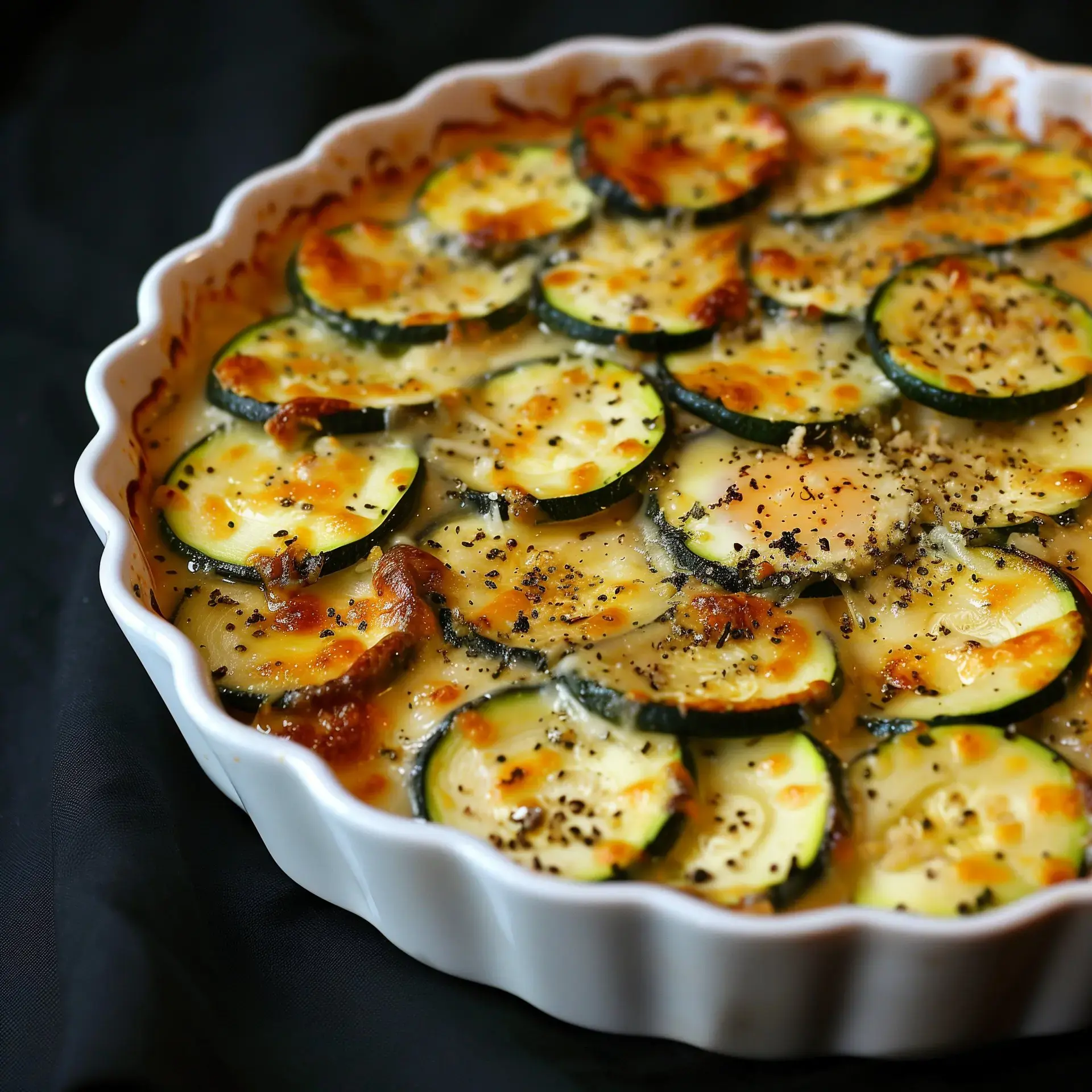 Des courgettes cuites au four avec une couche de fromage doré et des assaisonnements.