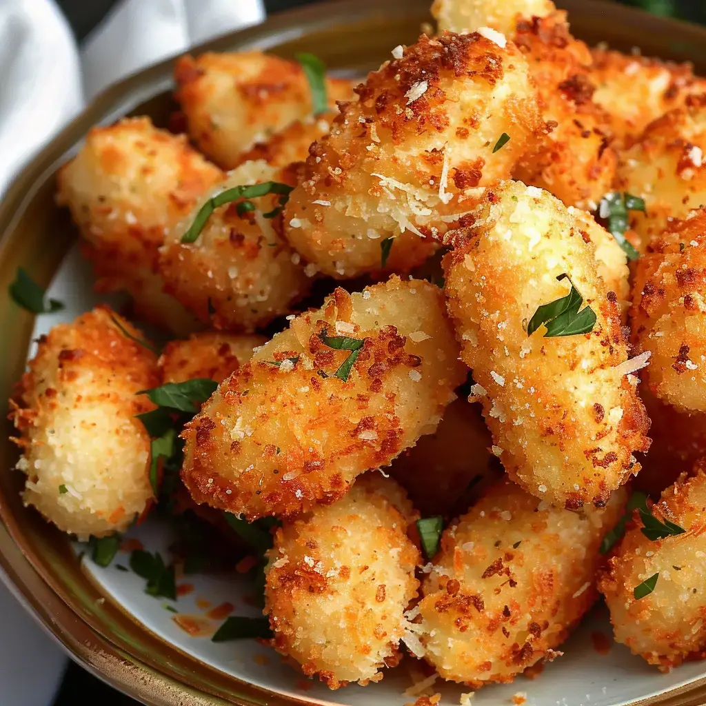Petits morceaux dorés de pommes de terre croustillantes servis dans une assiette, décorés de persil frais.