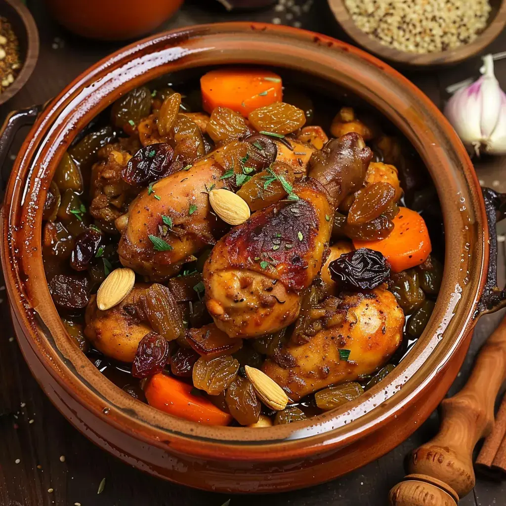Poulet aux fruits secs avec abricots, raisins et amandes dans une cocotte en terre cuite.