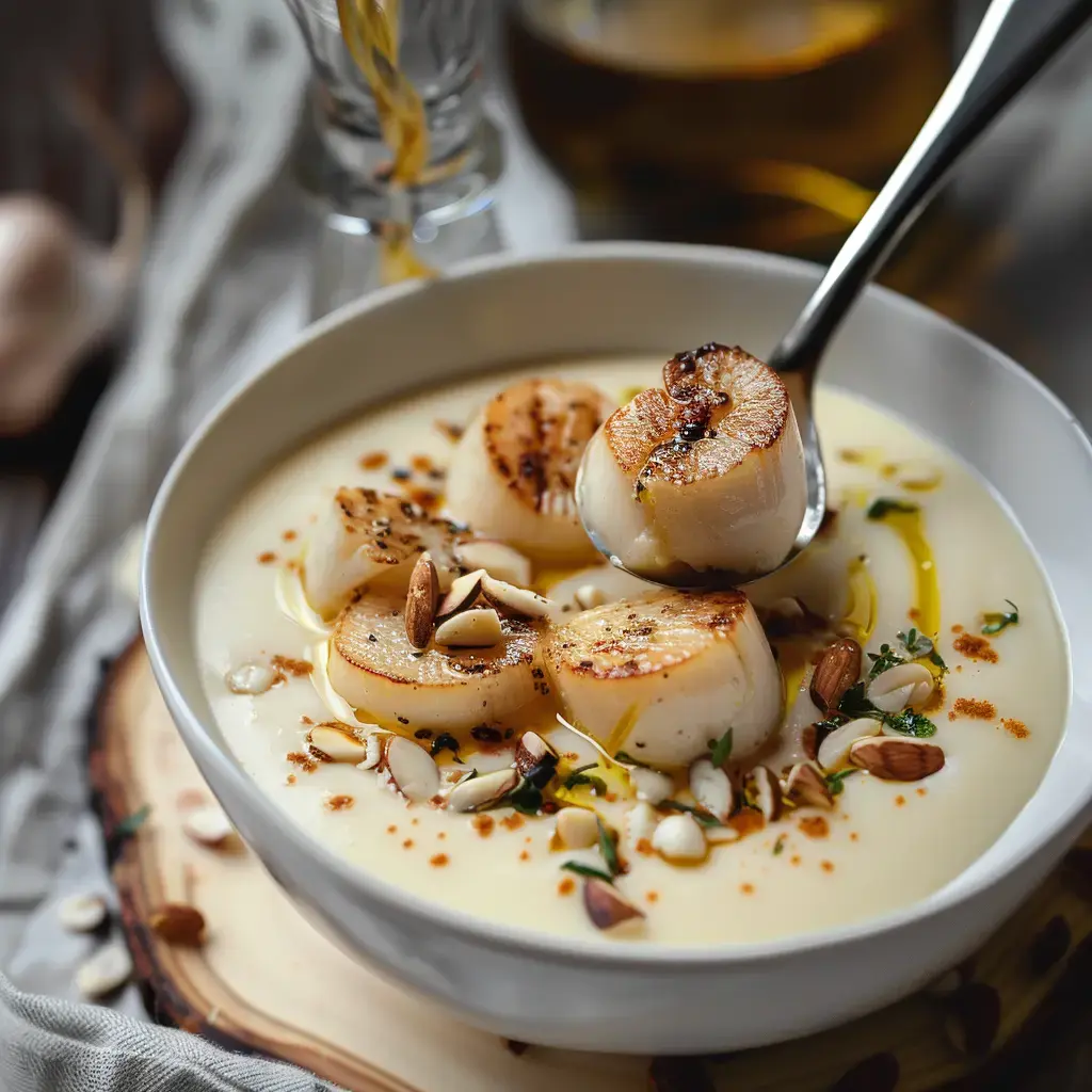 Bol de soupe crémeuse avec des Saint-Jacques et des noisettes croustillantes.