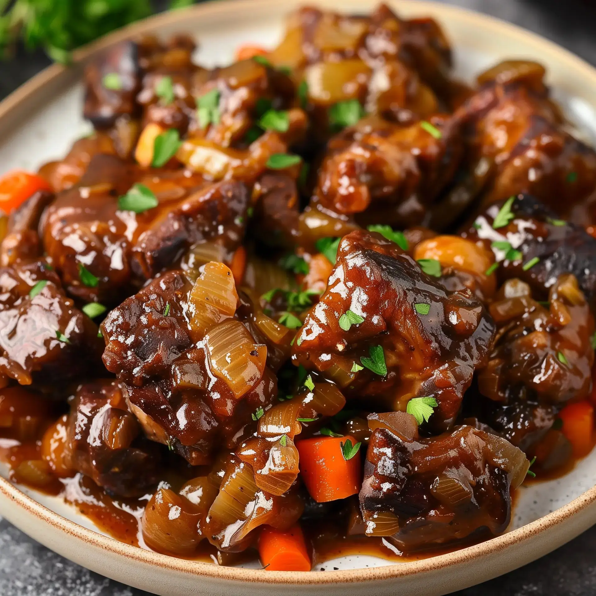 Un plat de viande fondante en sauce avec ses légumes, parsemé de persil frais.