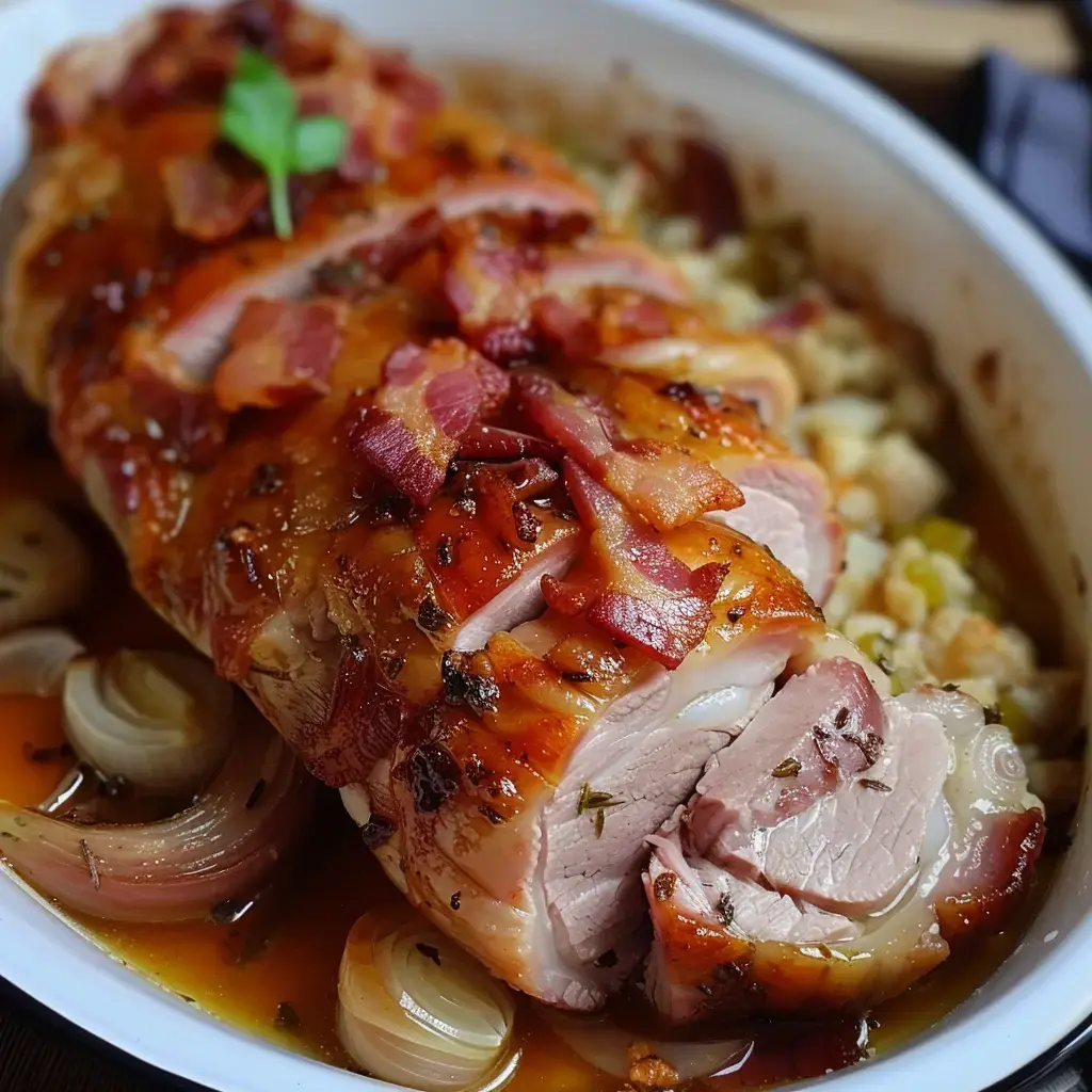 Beau rôti juteux entouré de bacon, posé sur des petits oignons dorés et des légumes, dans un plat gourmand.