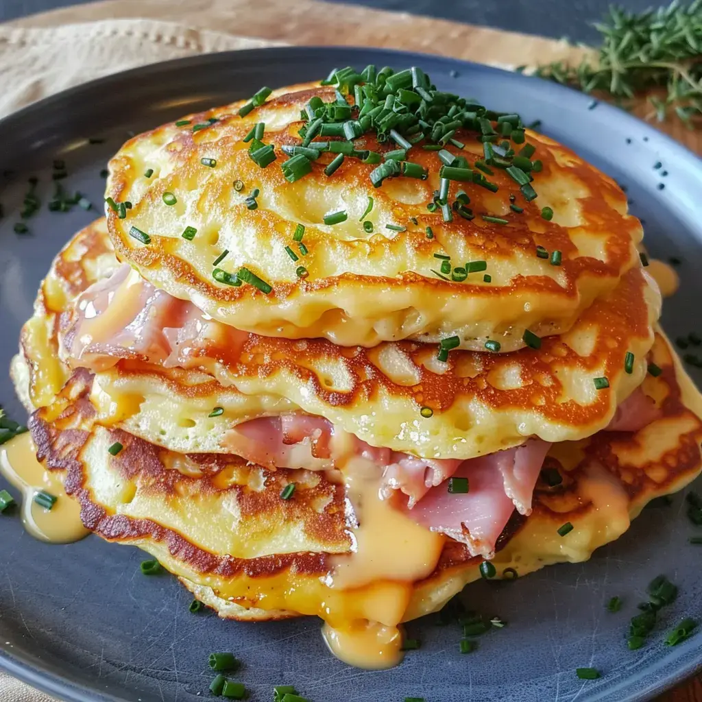 Une pile de pancakes garnis de fromage fondu et jambon, parsemée de ciboulette.