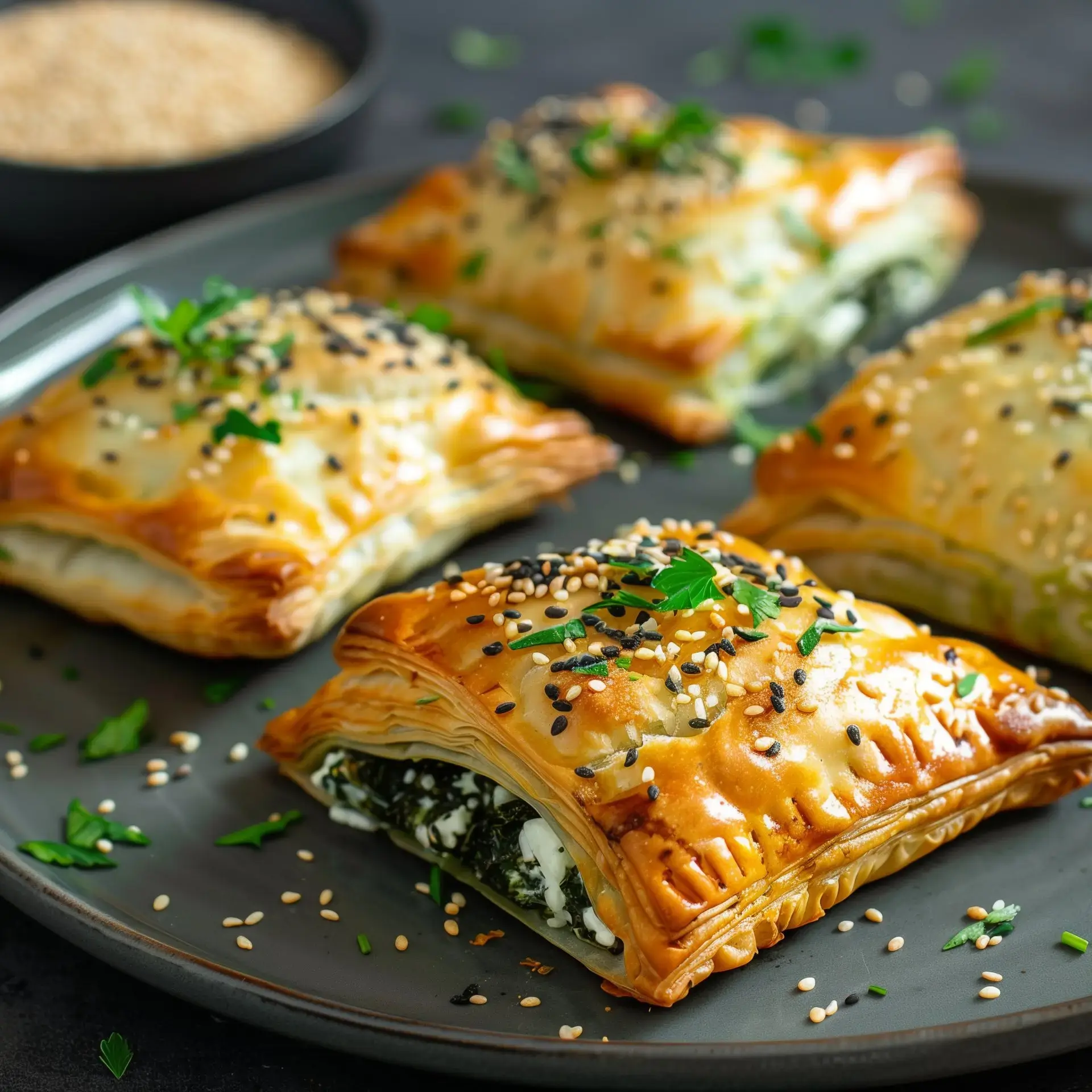De délicieux chaussons croustillants garnis de fromage et d'épinards, décorés de graines de sésame, joliment disposés sur une assiette.