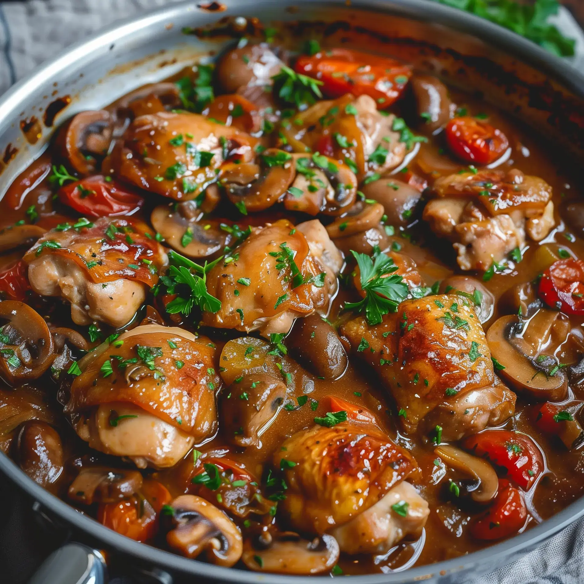 Cuisses de poulet dorées avec des champignons et une sauce crémeuse parfumée d'herbes.