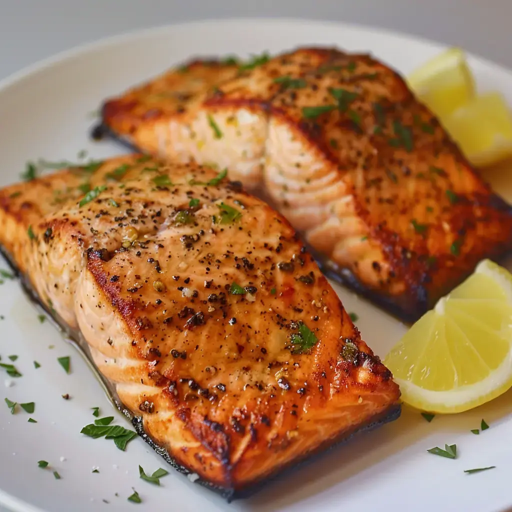 Filets de saumon grillés et assaisonnés, décorés de persil et accompagnés de quartiers de citron.