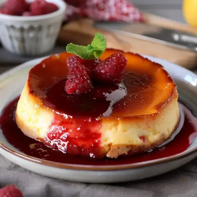 Un joli flan avec des framboises, de la sauce rouge et une feuille de menthe sur une assiette.