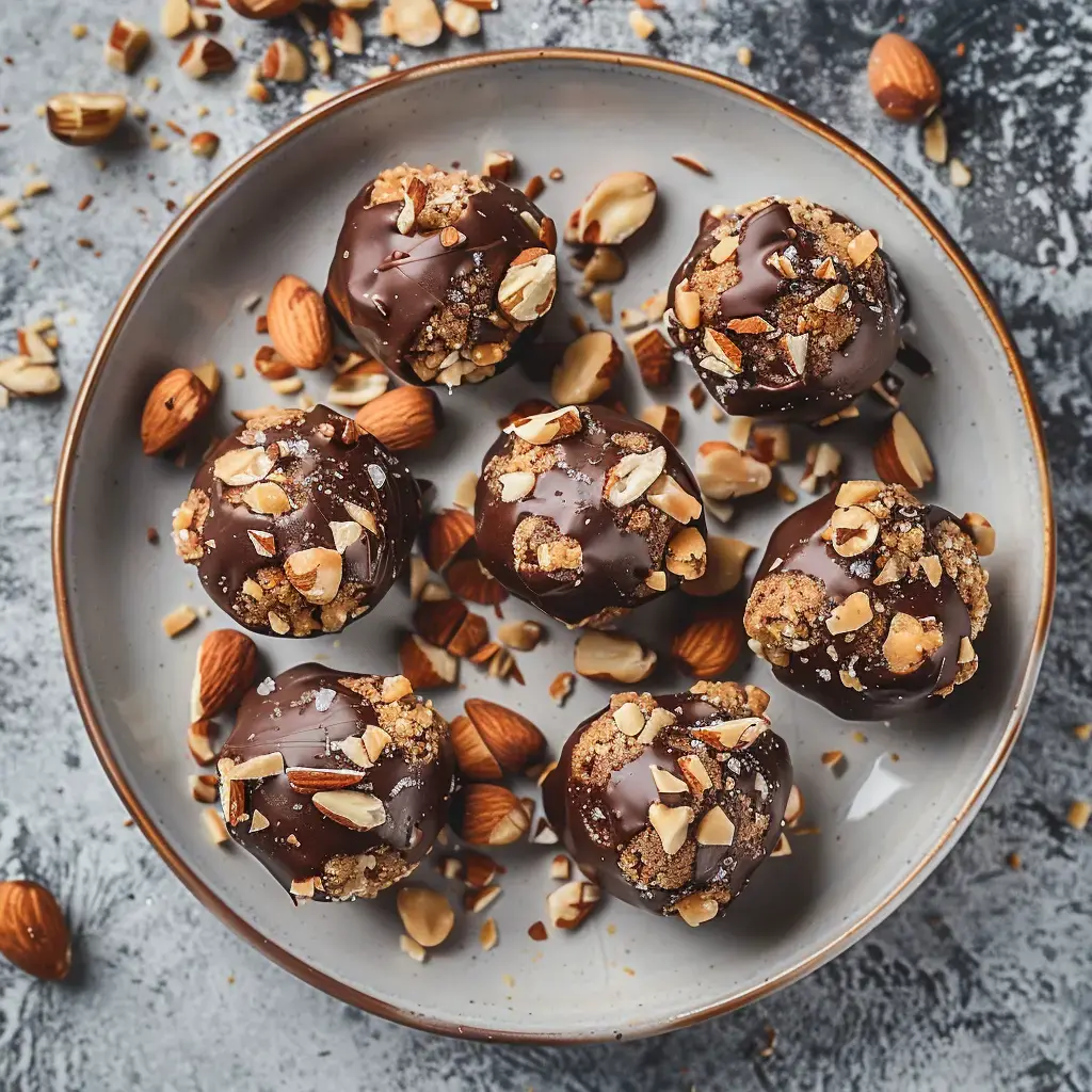 Boules de chocolat ornées de noix et amandes, servies sur une assiette avec des éclats autour.