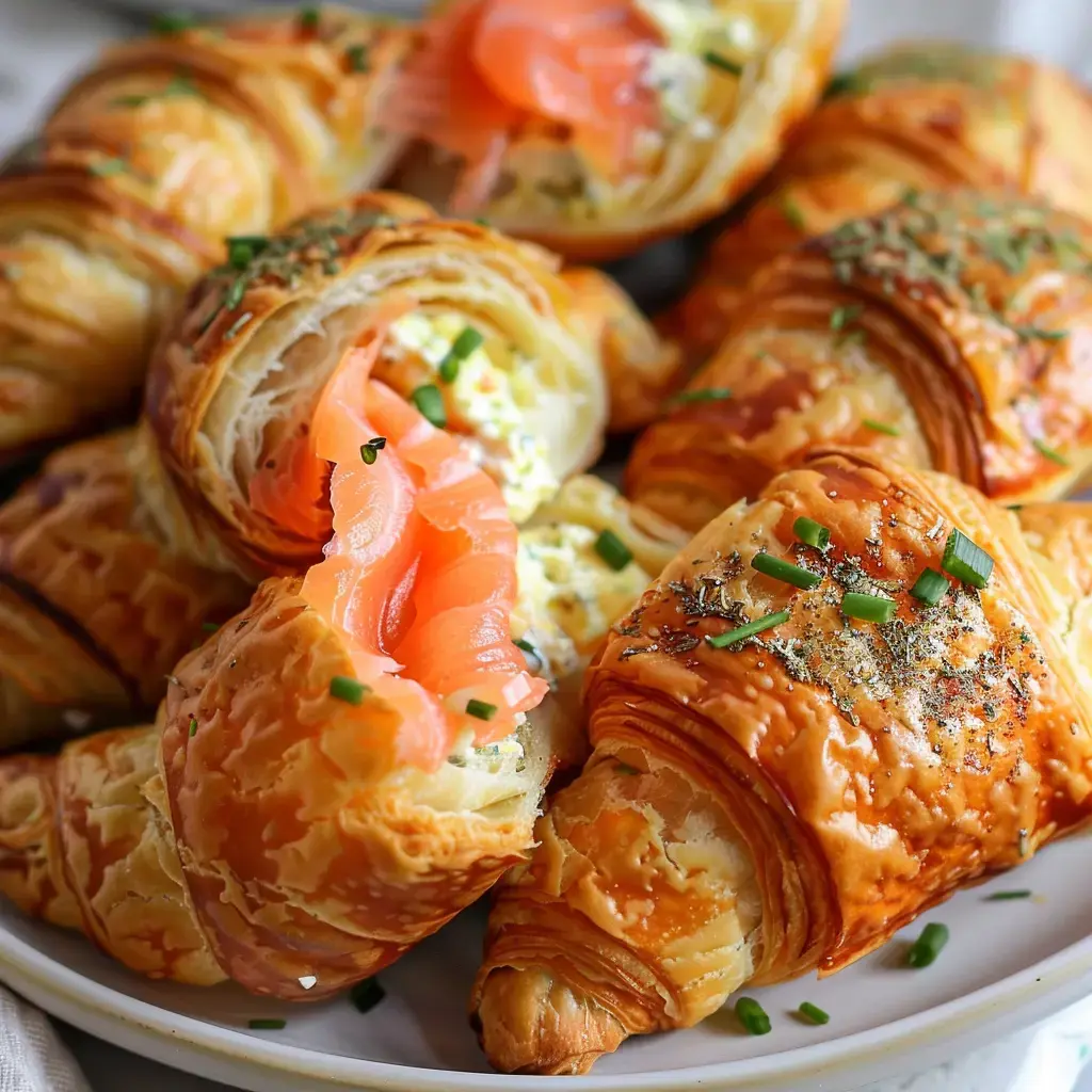 Délicieux croissants dorés au saumon fumé avec une touche de crème aux herbes, joliment garnis de ciboulette.