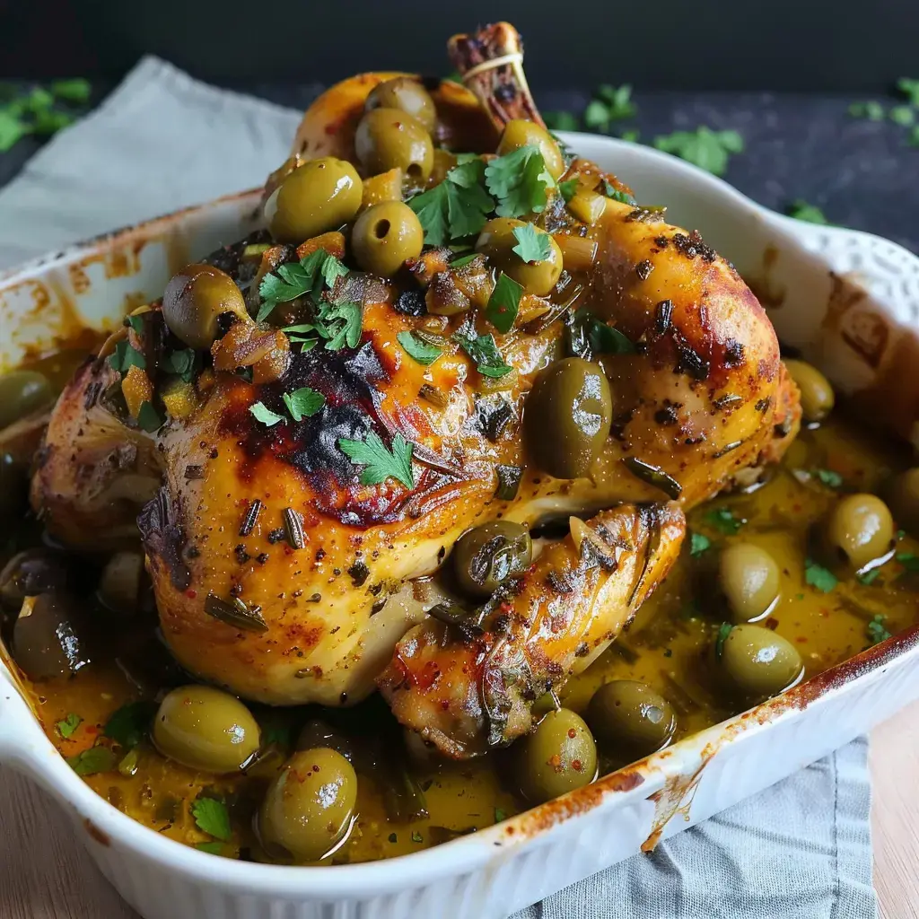 Poulet doré au four, garni d'olives vertes et de coriandre dans un plat.