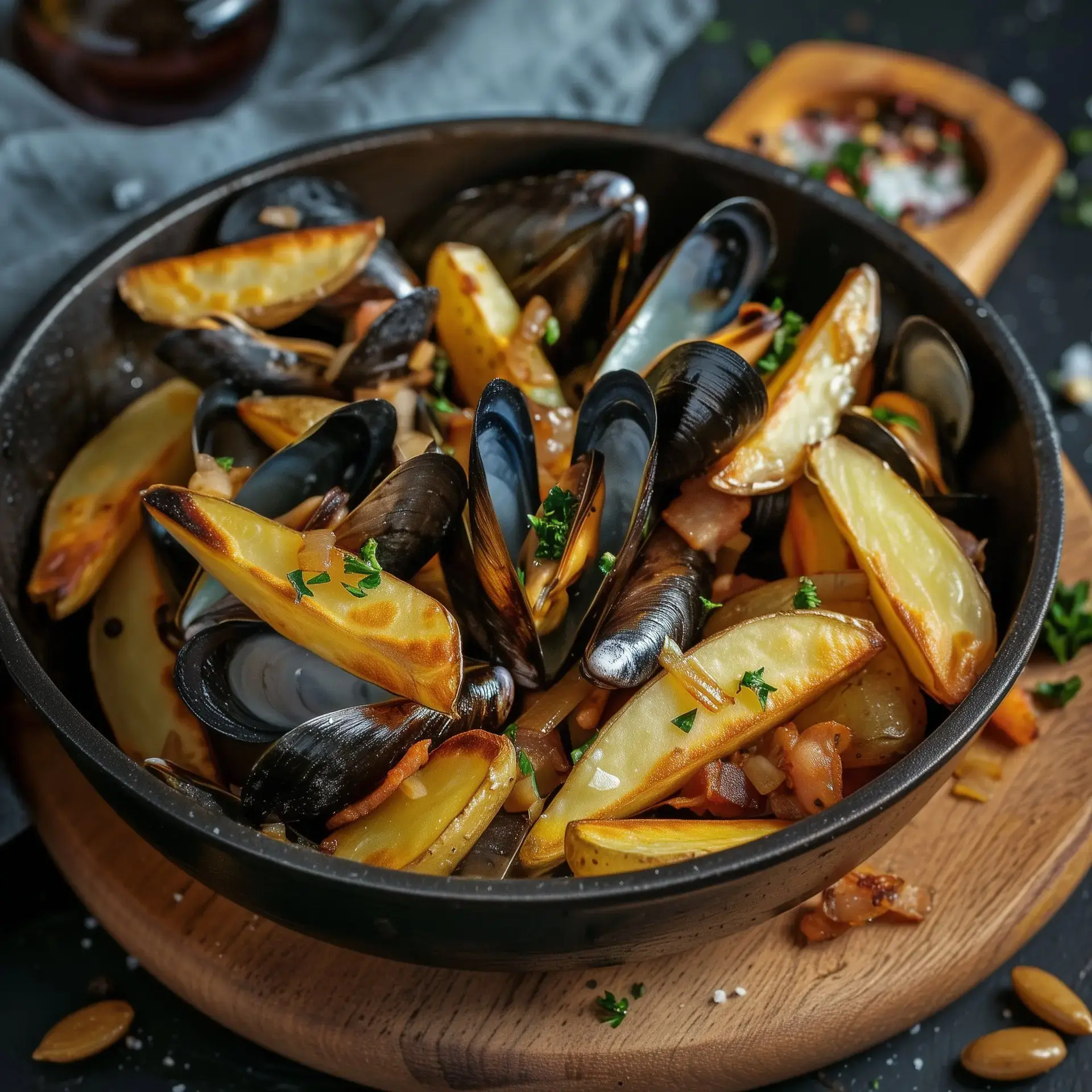 Moules appétissantes avec pommes de terre dorées, garnies de persil, servies dans un bol noir sur une planche en bois.